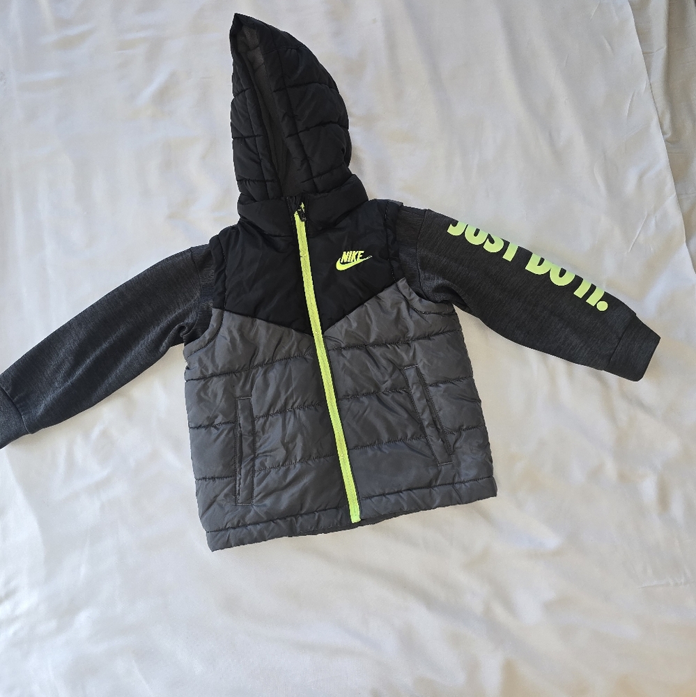 Nike Gray, Black and Neon Yellow Hooded Puffer Jacket